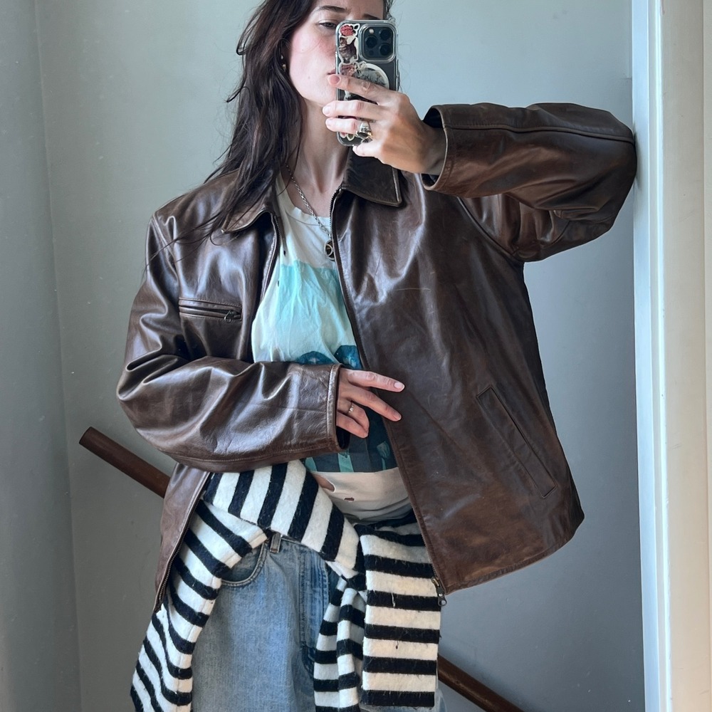 Vintage J.Crew Leather Jacket Large Brown Distressed Zip Moto Bomber Coat Patina